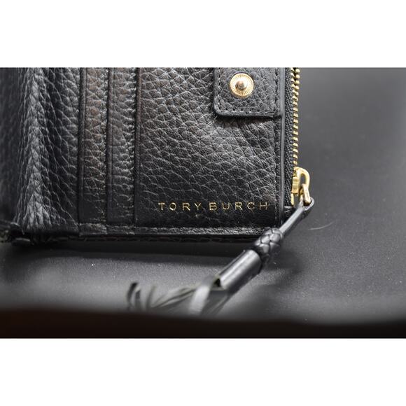 Tory Burch Black Bifold Women's Wallet Tassel Pebbled Leather - Picture 9 of 10